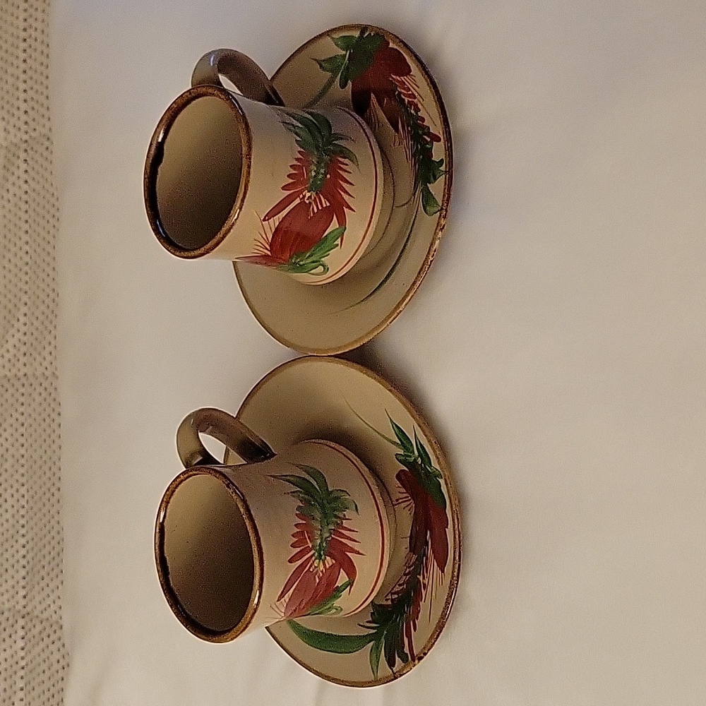 Tsuboya Ware, Cups & Saucers (set of 2). Made in Central Ryukyu, Japan